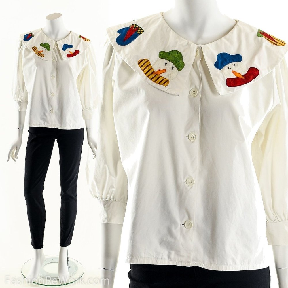 Snowman Patchwork Button Down Vintage Blouse - image 3